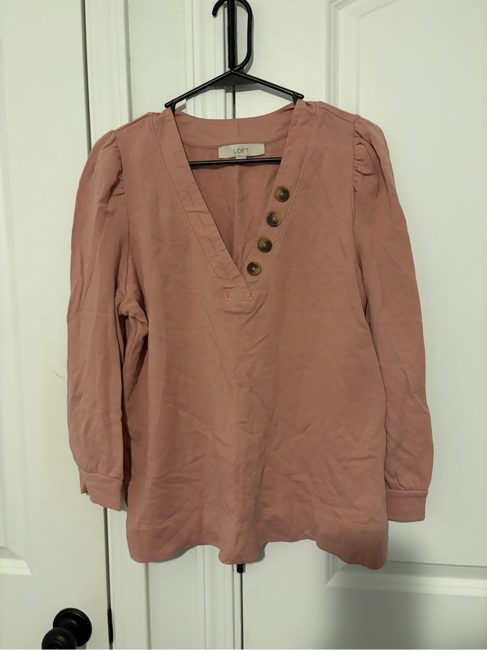LOFT Dusty Rose V-Neck Button Accent Long Sleeve Top